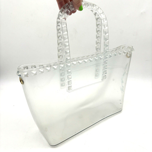 Vintage 00s Y2K Clear PVC Jelly Double Handle Pyramid Studded Purse 13x8" - Picture 2 of 12